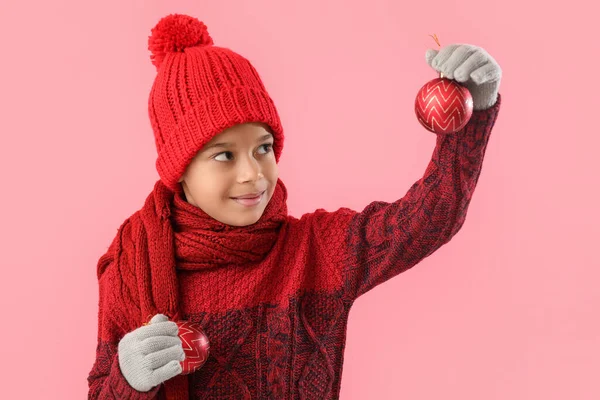 Cute Little African American Boy Winter Clothes Christmas Balls Color — Stock Photo, Image