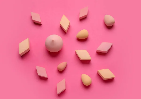 Different Makeup Sponges Pink Background — Stock Photo, Image