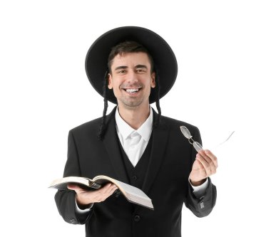 Hasidic Jewish man with Torah on white background clipart