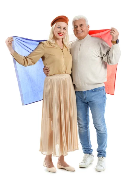 Feliz Casal Maduro Com Bandeira França Fundo Branco — Fotografia de Stock