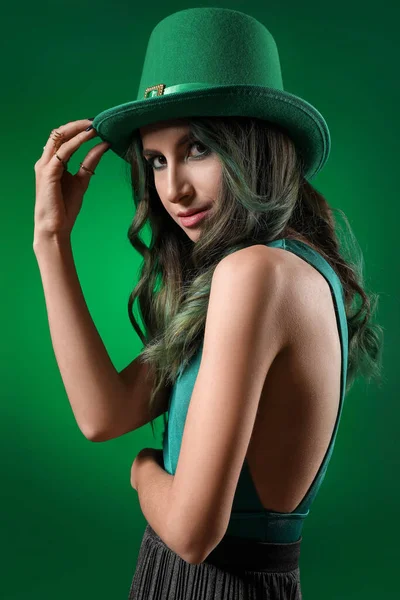 Stylish Young Woman Dressed Patrick Day Party Green Background — Stock Photo, Image