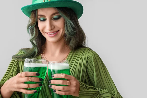 Stylish Young Woman Dressed Patrick Day Party Glasses Green Beer — Stock Photo, Image