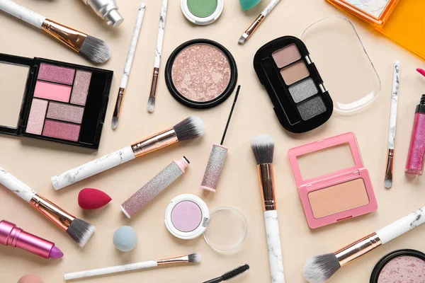 Marble Makeup Brushes Decorative Cosmetics Beige Background — Stock Photo, Image