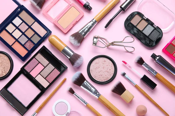 Wooden Makeup Brushes Decorative Cosmetics Pink Background — Stock Photo, Image