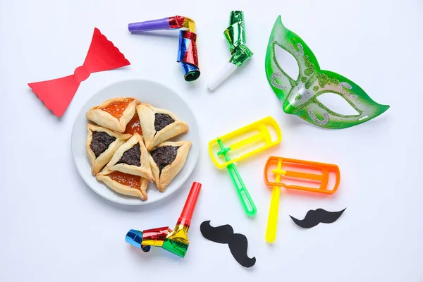 Assiette Avec Hamantaschen Décor Pour Vacances Pourim Sur Fond Blanc — Photo