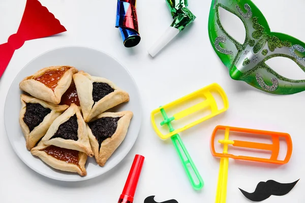 Talerz Hamantaschen Wystrój Purim Wakacje Białym Tle — Zdjęcie stockowe