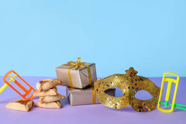 Tasty Hamantaschen Rattles Gift Boxes Mask Purim Holiday Table Blue — Stock Photo, Image