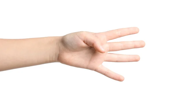 Παιδί Που Δείχνει Τέσσερα Δάχτυλα Λευκό Φόντο — Φωτογραφία Αρχείου