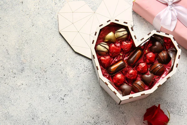 Heart Shaped Box Tasty Chocolate Candies Light Background — Stock Photo, Image