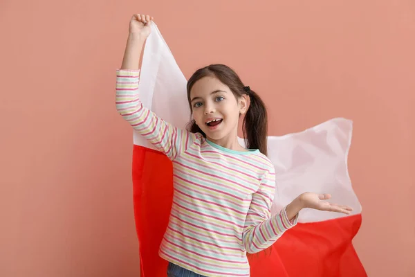 Linda Niña Con Bandera Polonia Fondo Color — Foto de Stock