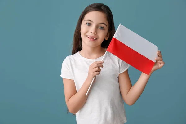Милая Маленькая Девочка Флагом Польши Цветном Фоне — стоковое фото
