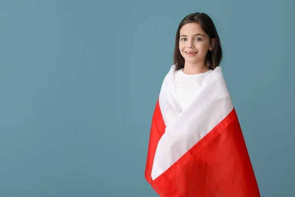 Linda Niña Con Bandera Polonia Fondo Color —  Fotos de Stock