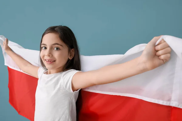 Schattig Klein Meisje Met Vlag Van Polen Kleur Achtergrond — Stockfoto