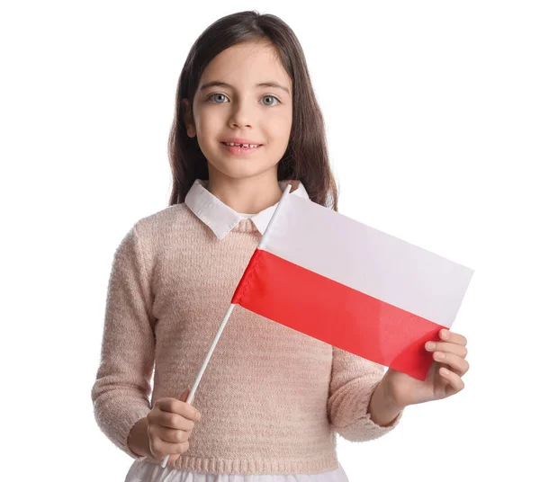 Schattig Klein Meisje Met Vlag Van Polen Witte Achtergrond — Stockfoto