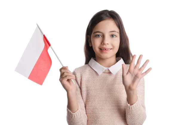 Schattig Klein Meisje Met Vlag Van Polen Witte Achtergrond — Stockfoto