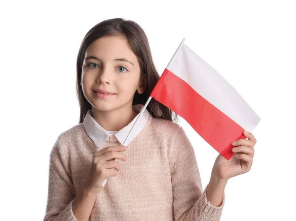 Милая Маленькая Девочка Флагом Польши Белом Фоне — стоковое фото