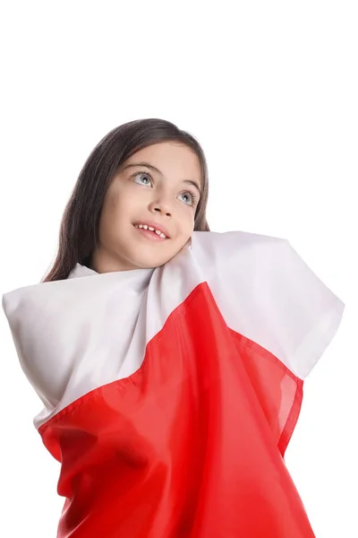 Schattig Klein Meisje Met Vlag Van Polen Witte Achtergrond — Stockfoto