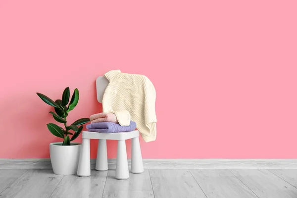 Houseplant Chair Knitted Sweaters Children Pink Wall — Stock Photo, Image