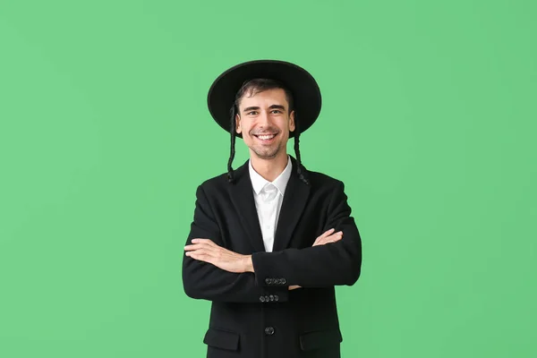 Chassidischer Jüdischer Mann Auf Farbigem Hintergrund — Stockfoto