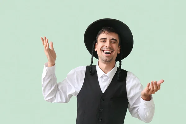 Happy Hasidic Jewish Man Color Background — Stock Photo, Image