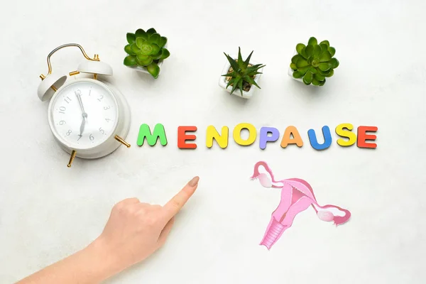 Woman Pointing Word Menopause Alarm Clock Uterus Flowerpots White Background — Stock Photo, Image