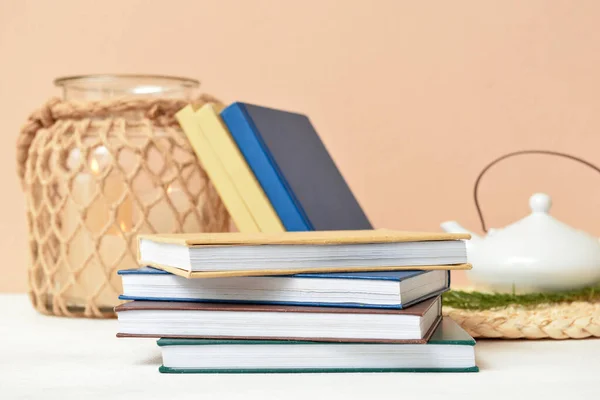 Stack Books Table Beige Wall Closeup — Stock Photo, Image