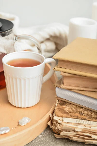 Tray Cup Tea Books Table Closeup — Stock Photo, Image