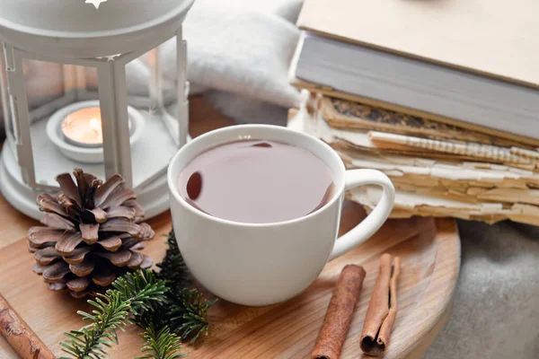 Wooden Tray Cup Tea Winter Decor Lantern Burning Candle Closeup — Stock Photo, Image