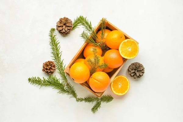 Wooden Box Fresh Oranges Fir Branches White Background — Stock Photo, Image