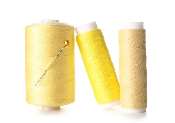 Yellow Sewing Thread Spools Pin White Background — Stock Photo, Image