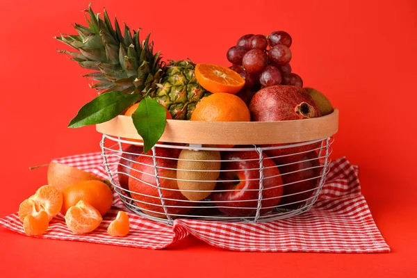 Basket Fresh Juicy Fruits Color Background — Stock Photo, Image