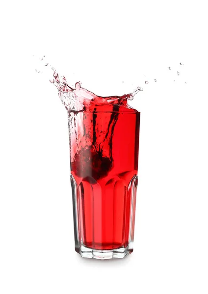 Glas Smakelijk Granaatappelsap Met Spetters Witte Achtergrond — Stockfoto
