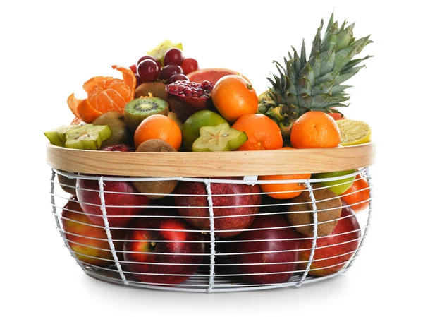 Basket Fresh Juicy Fruits White Background — Stock Photo, Image