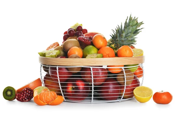 Basket Fresh Juicy Fruits White Background — Stock Photo, Image