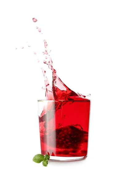 Glas Välsmakande Granatäpple Juice Med Stänk Vit Bakgrund — Stockfoto