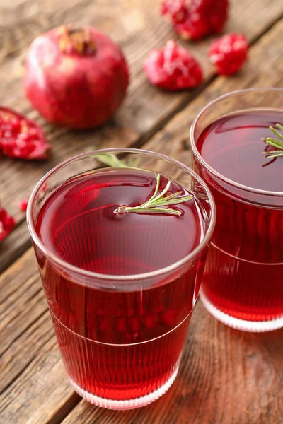 Glasses Delicious Pomegranate Juice Wooden Background — Stock Photo, Image