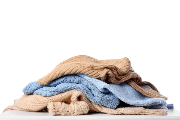 Stack Crumpled Sweaters White Background — Stock Photo, Image