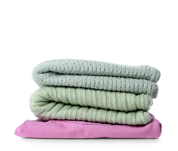 Stack Different Soft Sweaters White Background — Stock Photo, Image