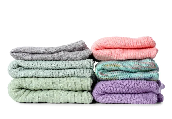 Stacks Different Woolen Sweaters White Background — Stock Photo, Image