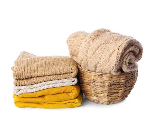 Stack Sweaters Wicker Basket White Background — Stock Photo, Image