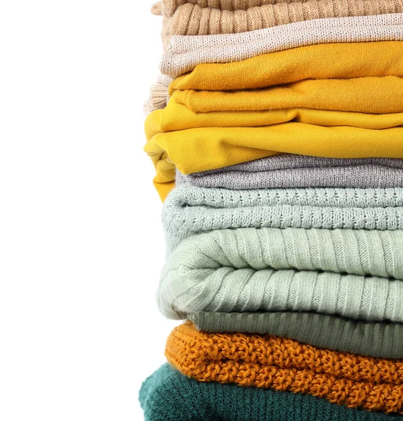 Stack Stylish Folded Sweaters White Background Closeup — Stock Photo, Image