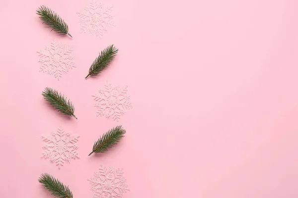 Composition Snowflakes Fir Branches Pink Background — Stock Photo, Image