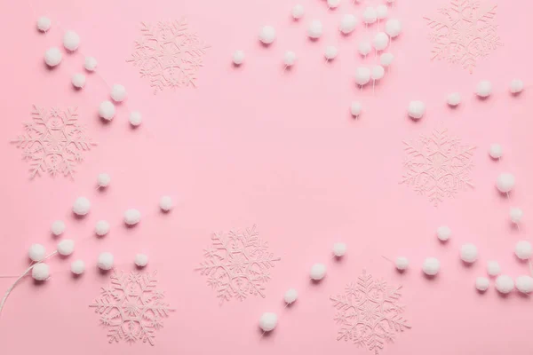 Rámeček Stylových Sněhových Vloček Růžovém Pozadí — Stock fotografie