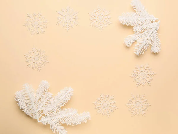 Frame Made Snowflakes Fir Branches Yellow Background — Stock Photo, Image