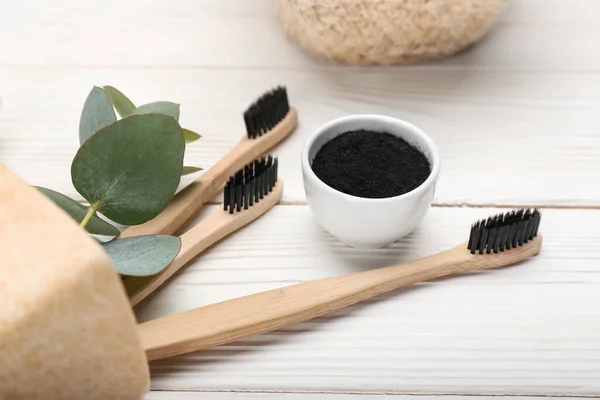 Bowl Activated Charcoal Tooth Powder Brushes White Wooden Background — Stock Photo, Image