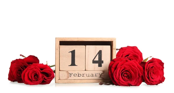 Calendar Date Valentines Day Red Roses White Background — Stock Photo, Image