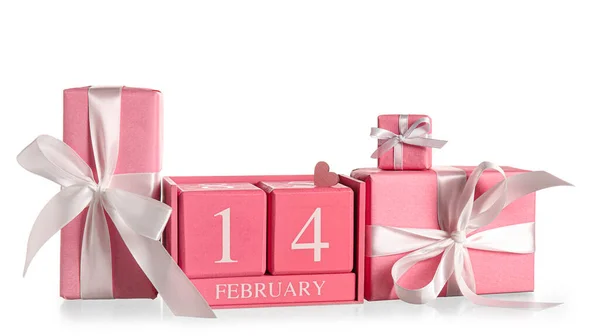 Calendar Date Valentines Day Gift Boxes White Background — Stock Photo, Image