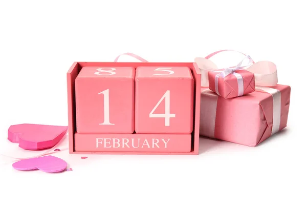 Calendário Com Data Dia Dos Namorados Caixas Presente Fundo Branco — Fotografia de Stock