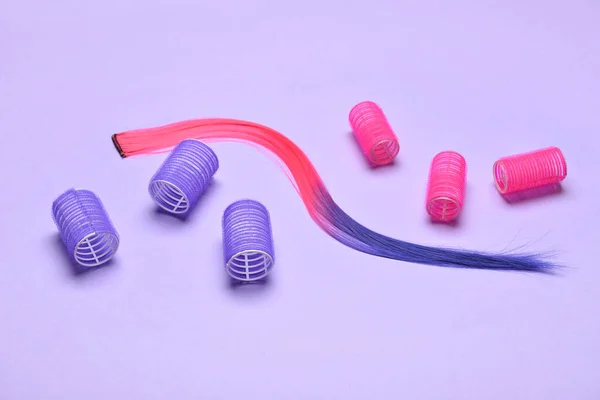 Hair Strand Different Curlers Color Background — Stock Photo, Image