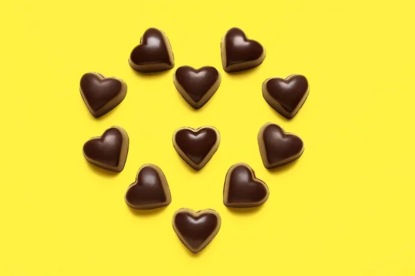 Tasty Heart Shaped Candies Yellow Background — Stock Photo, Image